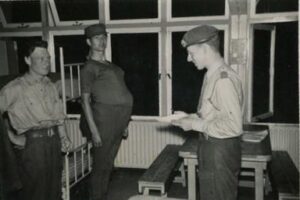 Klaas inspecting joking soldiers during his National Service in 1953.